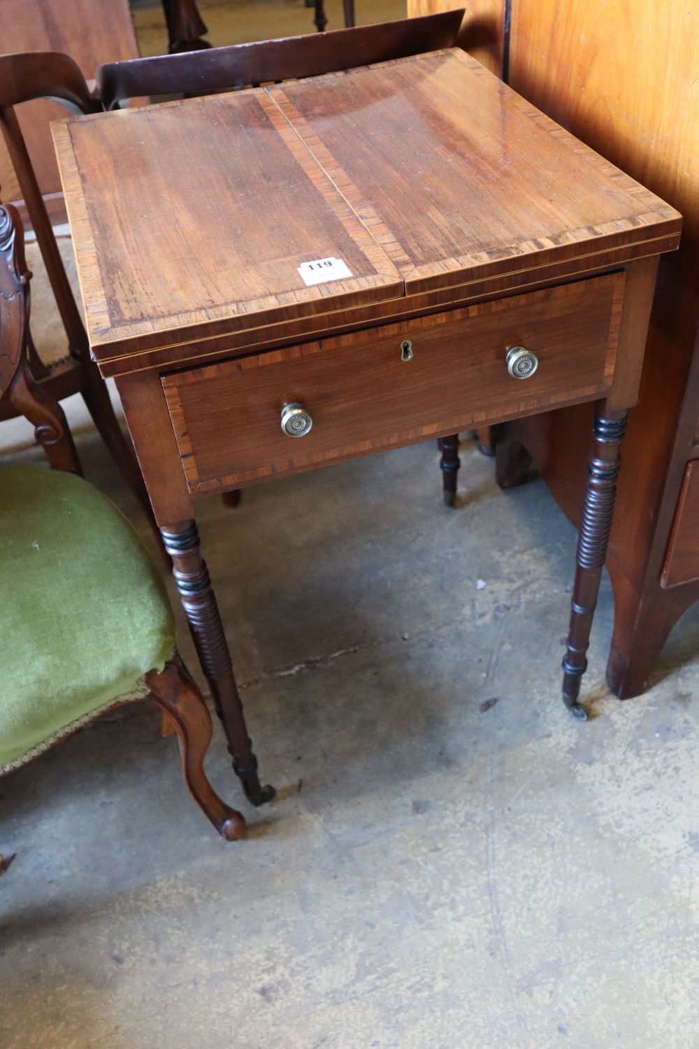 A Regency mahogany and rosewood banded patience table, on ring turned legs, width 83cm